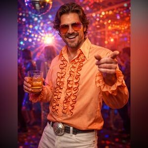 VTG 70s Palm Beach Ruffle Tuxedo Peach Orange Dumb & Dumber Disco Shirt Lg 31-32